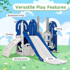 5 in 1 Toddler Swing and Slide Set with Climber, Kids Playground Climber Slide Playset with Safety Belt, Armrest, Basketball Hoop, High Adjustable Baby Swing Set for Indoor Outdoor Backyard, Blue