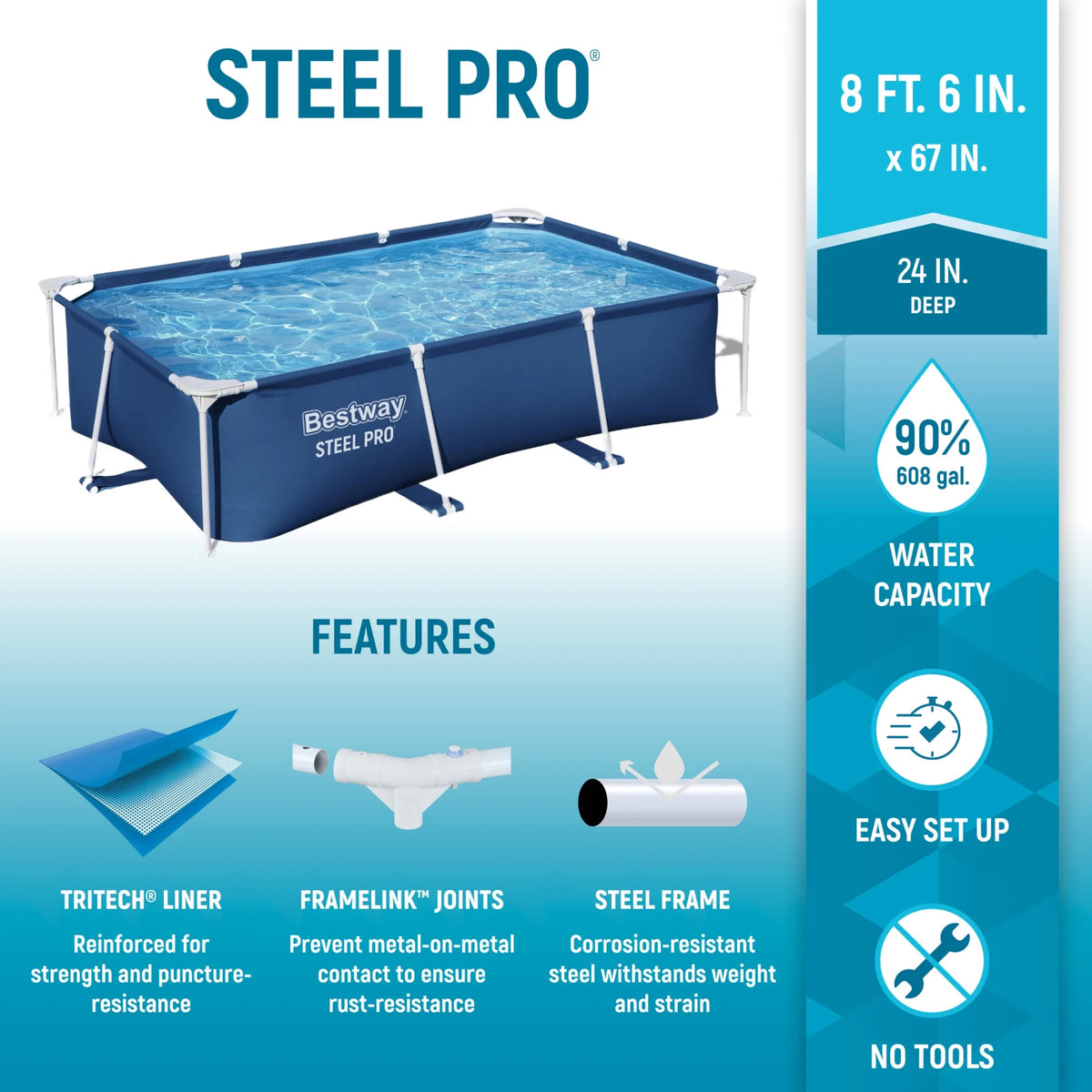 Open Box Bestway Steel Pro 8.5'x67"x24" Rectangular Above Ground Swimming Pool