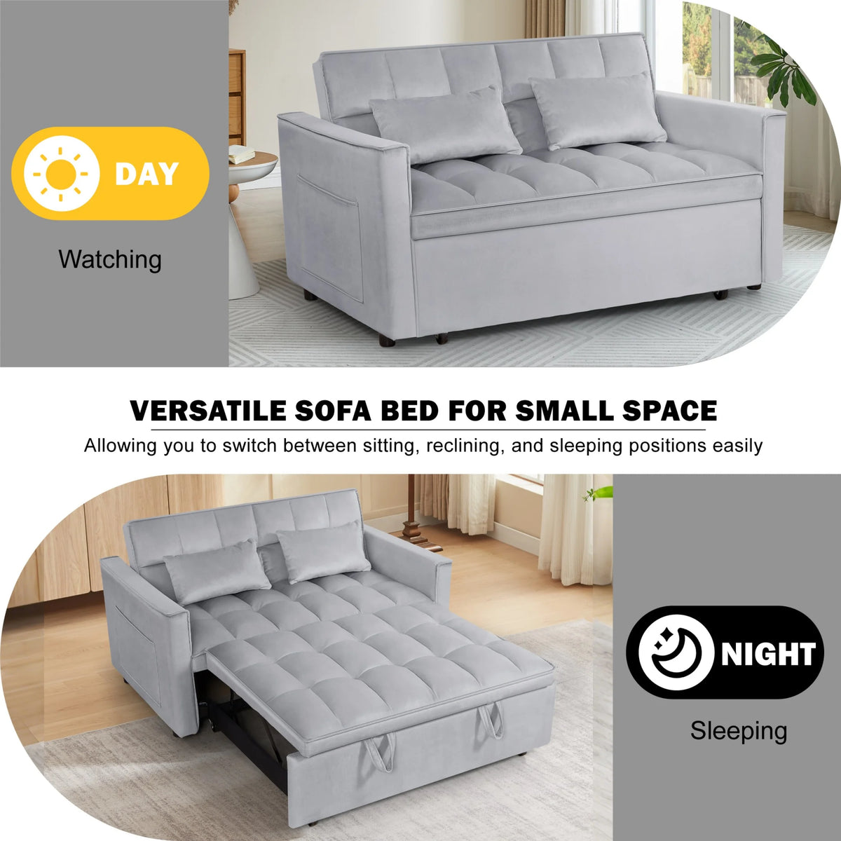 Gewnee 55'' Modern Convertible Velvet Sofa Bed with Pull-Out Twin Bed, Adjustable Backrest for Living Room, Office (Dark Gray)