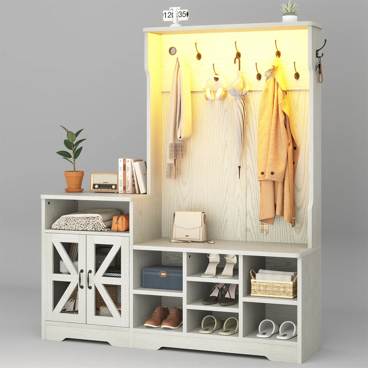 Farmhouse Wood Hall Tree with Shoe Bench and Console Table, LED 4-in-1 Coat Rack with 8 Hooks and 7 Adjustable Shoe Cubbies, Multifunctional Entryway Storage Organizer with Cabinet, Vintage White