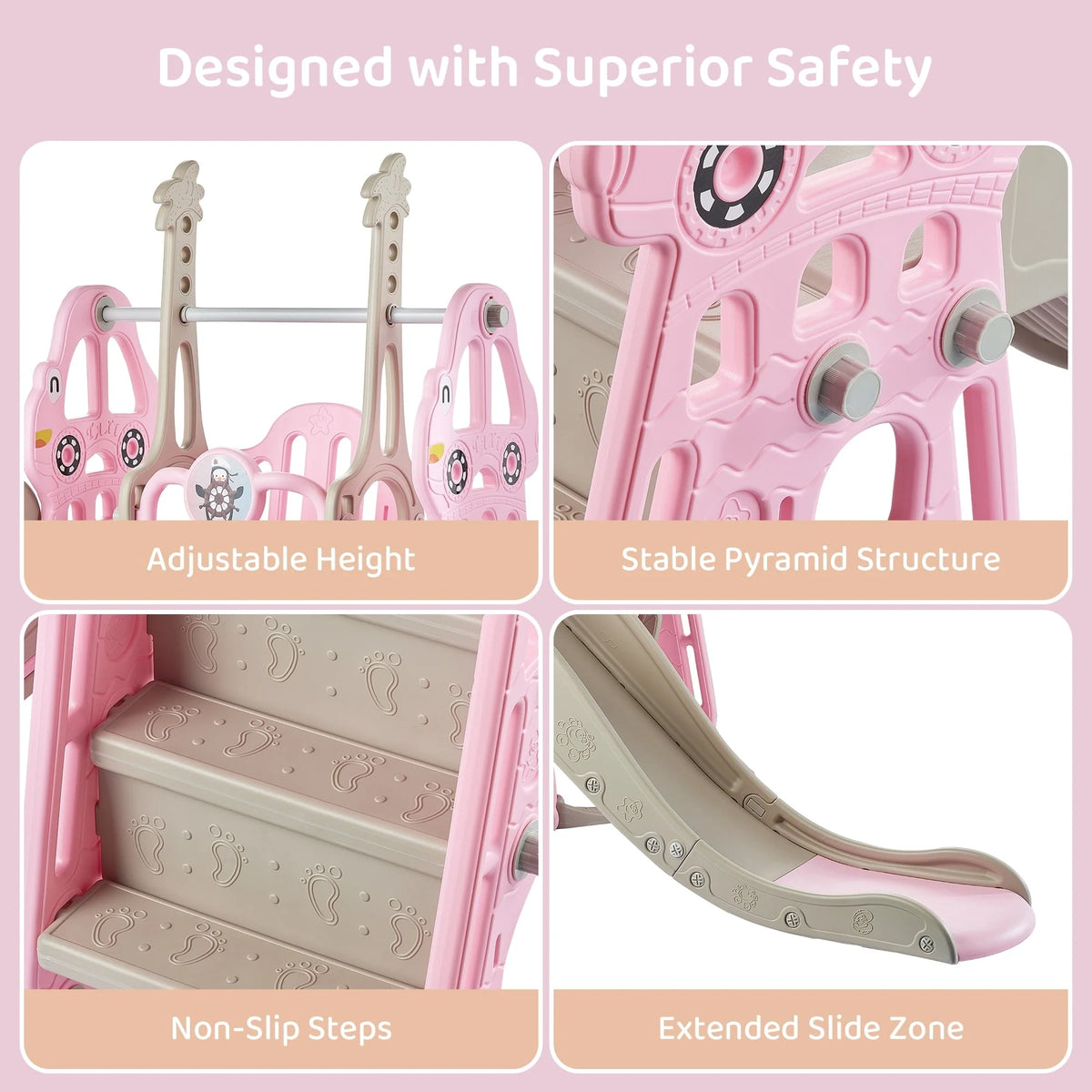 DUKE BABY 4-in-1 Kids Swing and Slide Set for Toddler Age 1-6, Extra Large Baby Indoor Outdoor Activity Playground with Basketball Hoop and Climber ??Pink