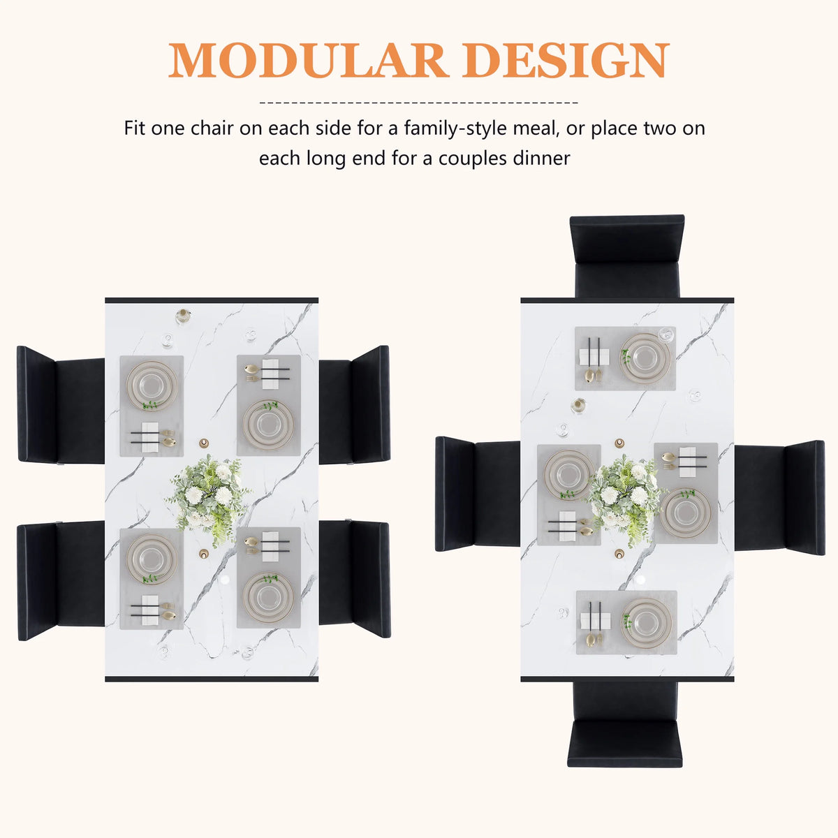 5 Piece Dining Room Table Set, Modern Dining Table Sets with Gray Velvet Upholstered Chairs for 4, Faux Marble Pattern Rectangle Kitchen Table Set for Bar Living Room Breakfast Nook Small Space