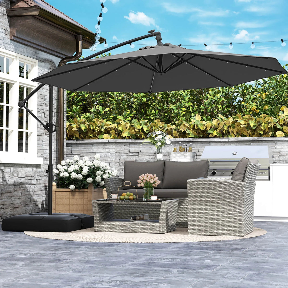 Costway 10 FT Solar Offset Hanging Umbrella Patio Cantilever Umbrella with 32 LED Lights Brown