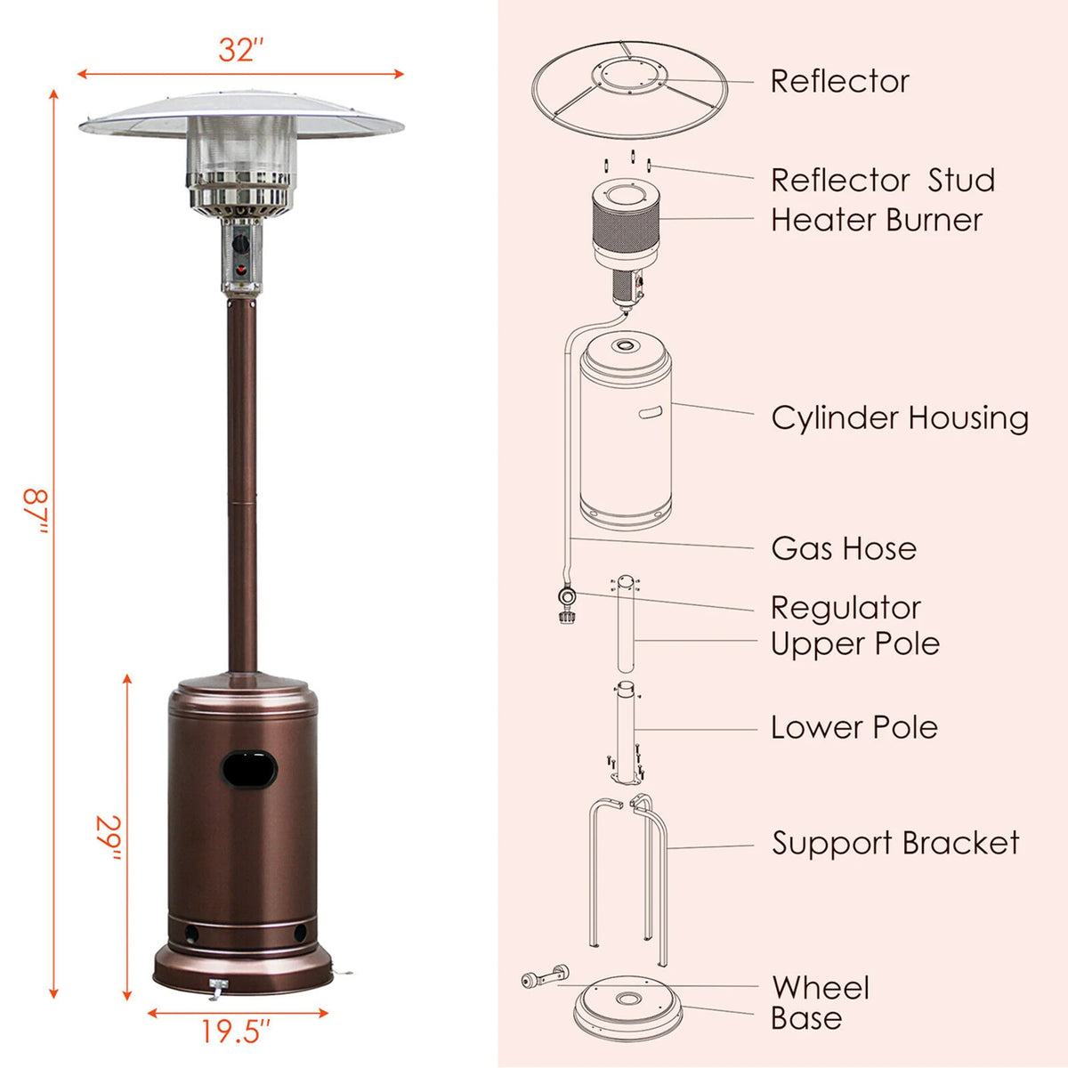 Costway 50000 BTU Propane Patio Heater Standing Steel with Wheels Grey