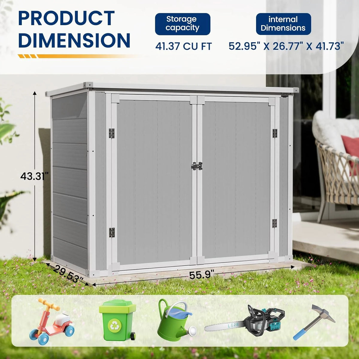 ECOPATIO Outdoor Storage Shed 41 Cu Ft Weather Resistant Resin with Floor Gray