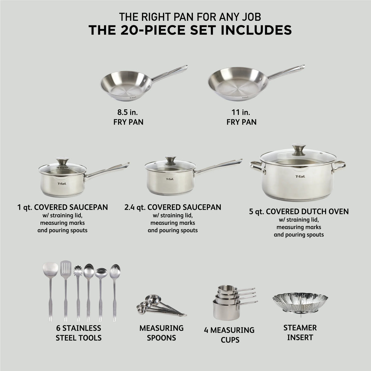 T-fal Cook & Strain Stainless Steel Cookware Set, 14 piece Set
