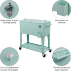 80 Quart Rolling Ice Chest, Portable Bar Drink Cooler with Catch Basin, Bottom Storage Tray and Bottle Opener for Patio Party BBQ Beach Activities