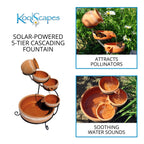 KoolScapes Outdoor Solar-Powered 5-Tier Cascading Water Fountain- Finish, Brown
