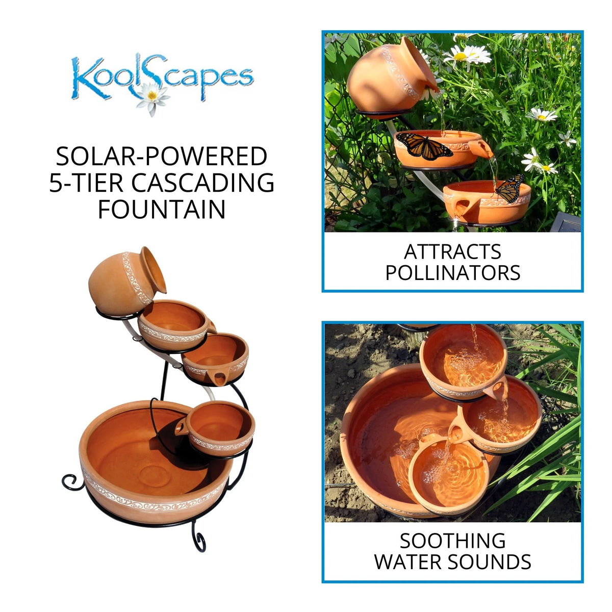KoolScapes Outdoor Solar-Powered 5-Tier Cascading Water Fountain- Finish, Brown