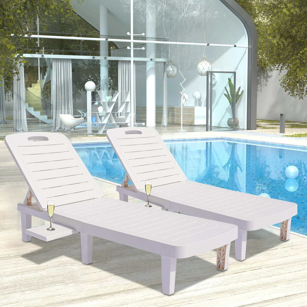 Patio Lounge Chair Set of 2, Adjustable Chaise with Side Table, Outdoor Lounger Recliner for Poolside, Patio, Backyard, Wood Texture Design | Waterproof | Easy to Assemble | Max Weight 330 lbs White