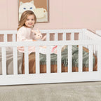 UHOMEPRO Twin Size Floor Bed with Door and Fence, Montessori Floor Bed with Slats and Safety Guardrails, Solid Wood Twin Bed Frame for Bedroom, White