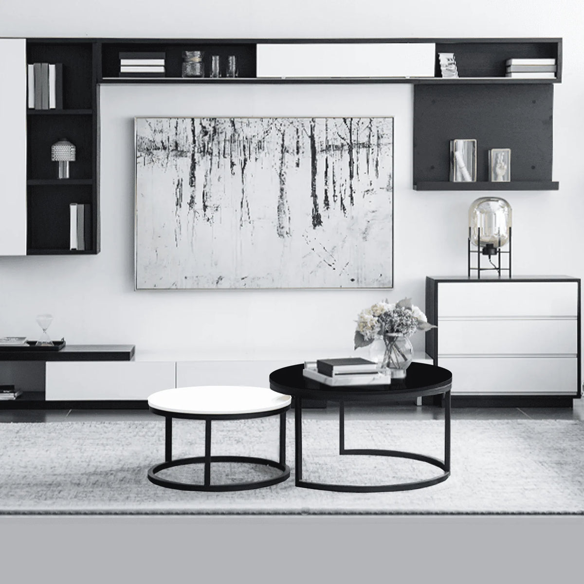 2 Round Tea Table Coffee Table Desk Sets | Black & White - Twin Sets Multi Function Wood & Steel Living Room Home Decor Polished Surface Overlapping Ending Tables Cocktail Table