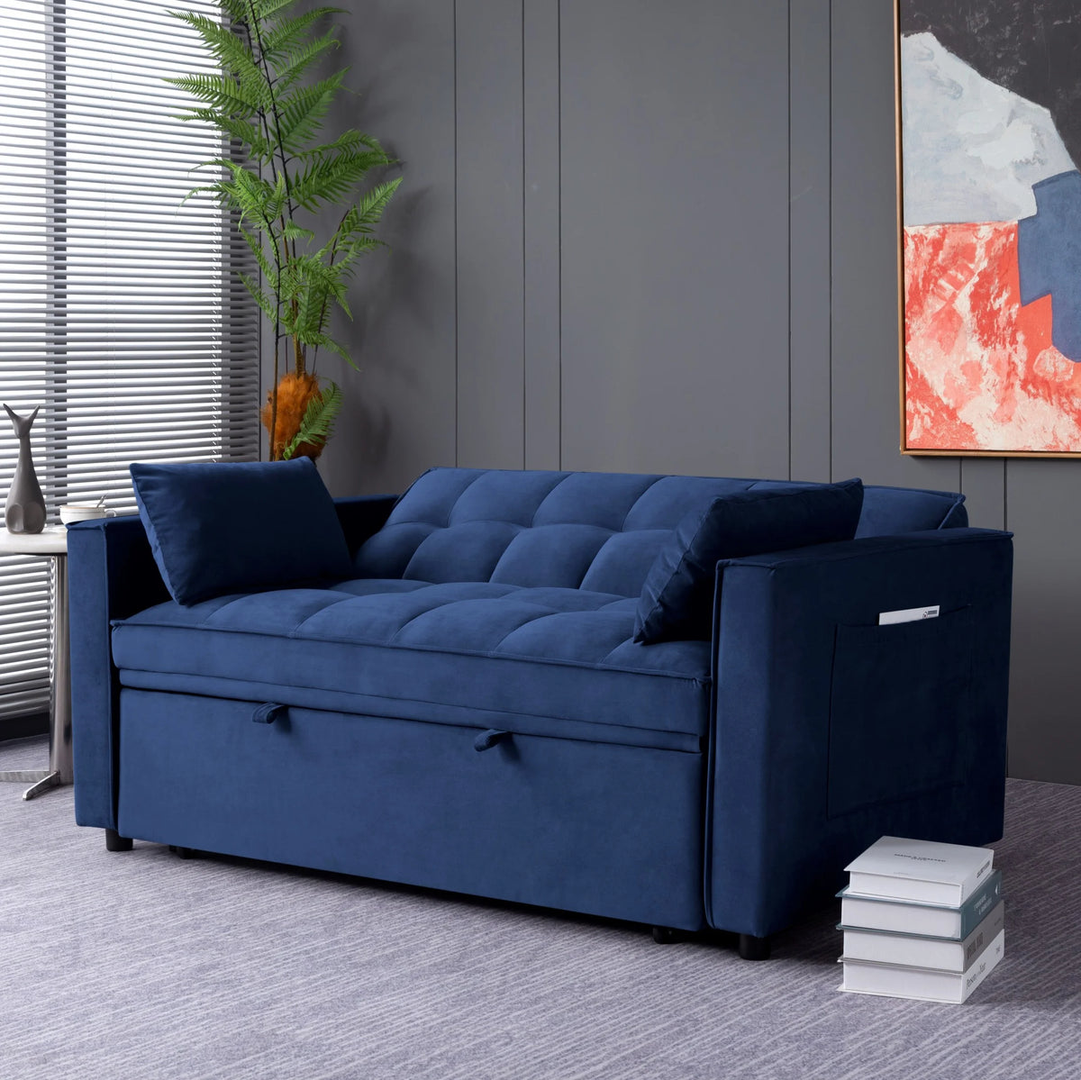 Gewnee 55'' Modern Convertible Velvet Sofa Bed with Pull-Out Twin Bed, Adjustable Backrest for Living Room, Office (Dark Gray)