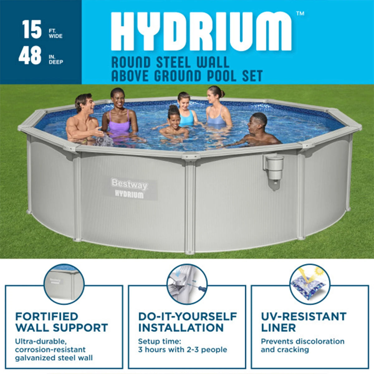 Bestway Hydrium 15' x 48" Steel Wall Above Ground Swimming Pool Set, Gray