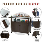 Outdoor Prep Table Grill Station, Solid Wood Movable Dining Cart Table, Dark Brown