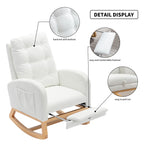 Modern Accent Rocking Chair with Pull-out Footrest,Nursery Glider Chair with Solid Wood Legs & Side Pocket,Upholstered Lounge Chair with High Backrest,White