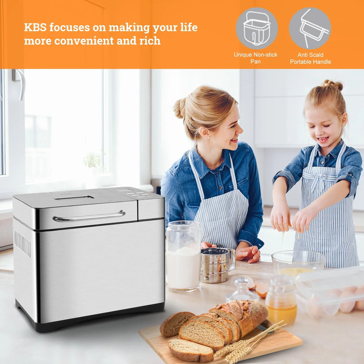 KBS 17-in-1 2LB Bread Maker Machine Fully Automatic LCD Display，Stainless Steel Model# 013