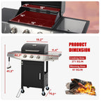 4-Burner Gas Grill with 4 Universal Wheels & Bottle Opener, 40000BTU Outdoor Grill with Side Table for Camping, Black & Sliver