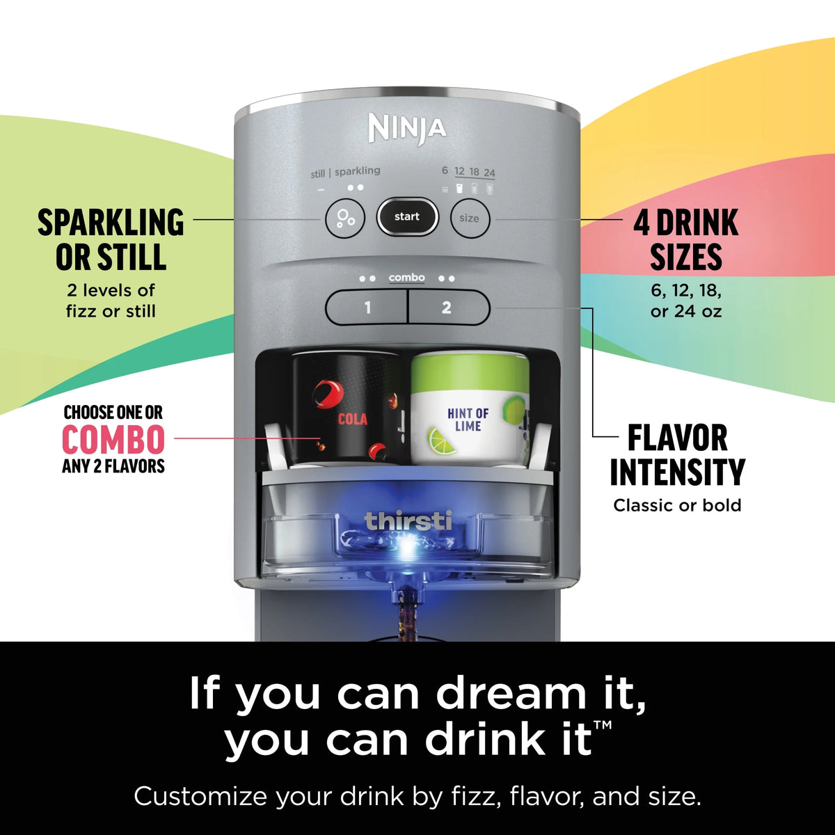 Ninja Thirsti Drink Maker, Still, Sparkling Custom Drink Kit, with CO2 Canister, Flavors, and 48 oz Reservoir