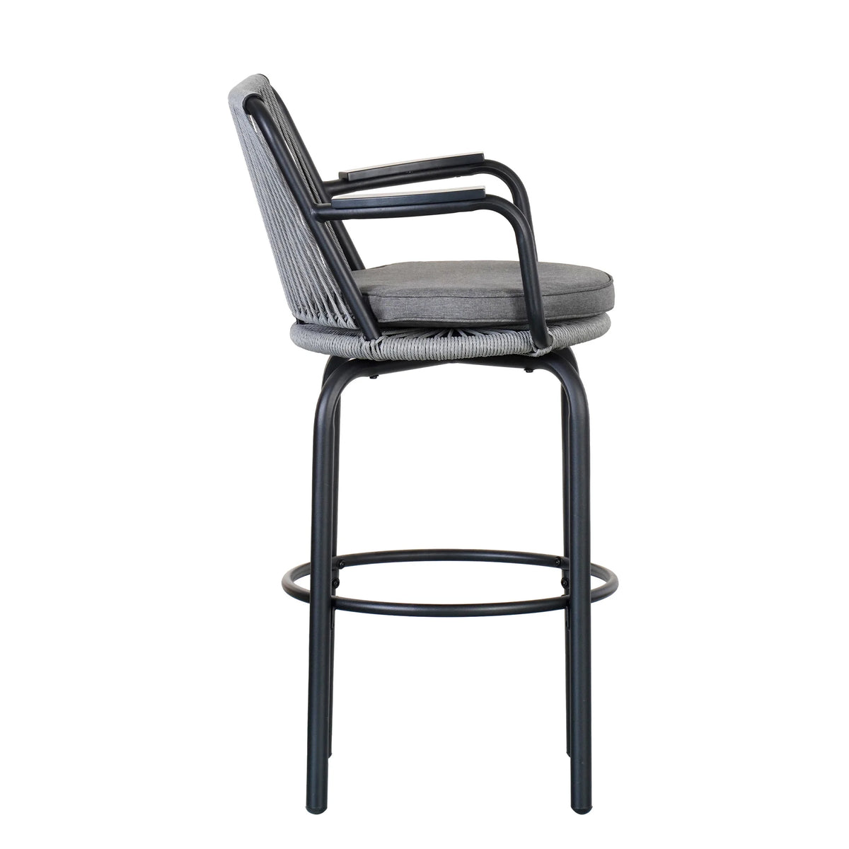 Lyric Modern 29" Outdoor Patio Bar Stools, Bar Chairs with Wood Grain Finish Frame with Hand-Woven PE Rattan Rope, Removable Cushions, Teak+Beige, Set of 2