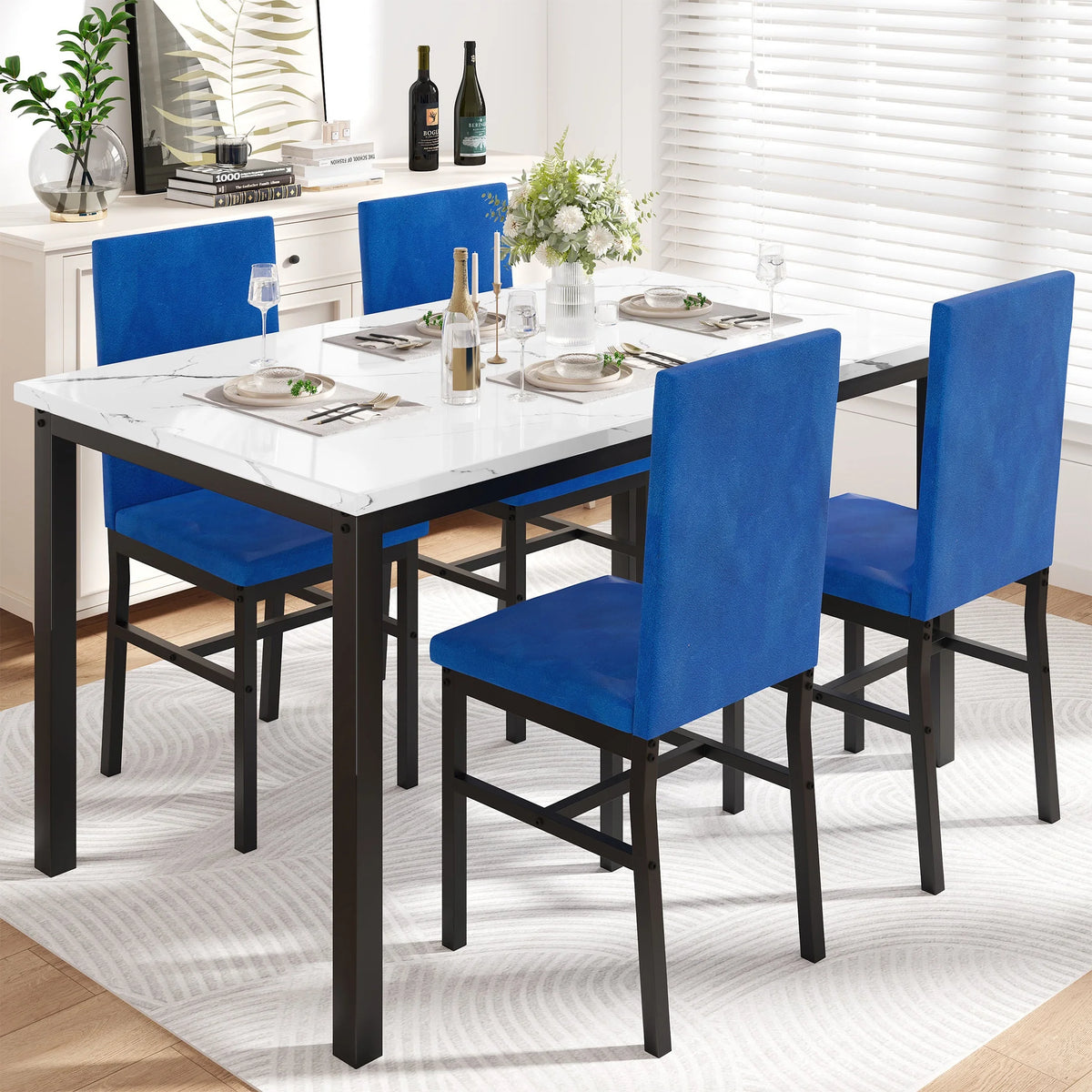 5 Piece Dining Room Table Set, Modern Dining Table Sets with Gray Velvet Upholstered Chairs for 4, Faux Marble Pattern Rectangle Kitchen Table Set for Bar Living Room Breakfast Nook Small Space