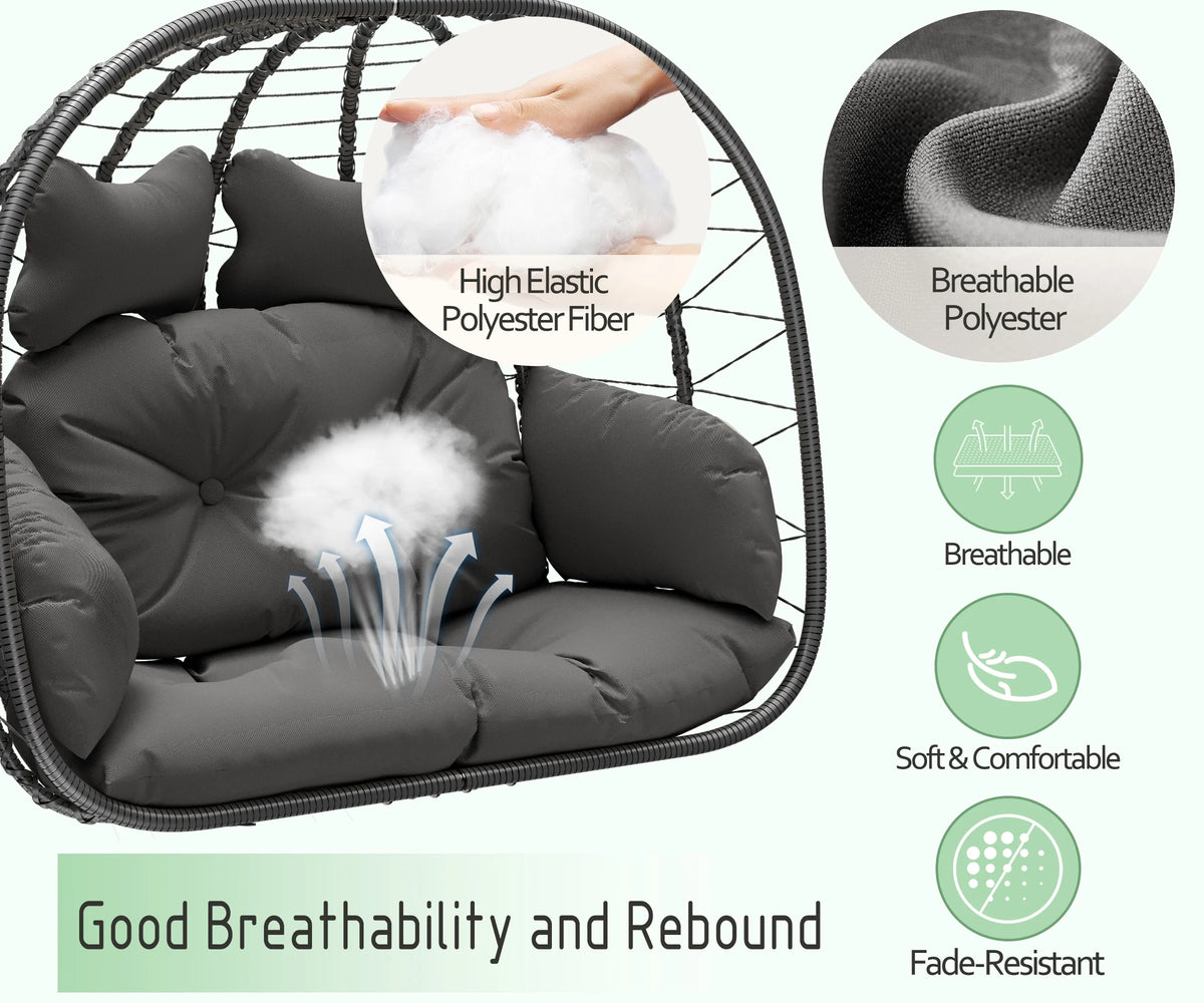 Bifanuo Double Wicker Swing Egg Chair Hammock Foldable Hanging Loveseat with Stand, UV Resistant Removable Cushions, 700LBS Capacity for Bedroom, Balcony (Black and Beige)