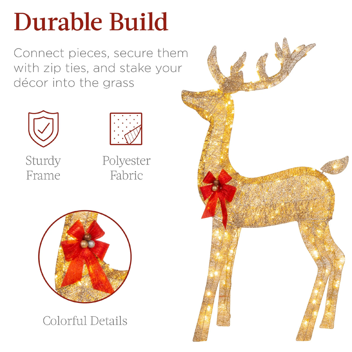 Best Choice Products 6.5ft 3-Piece Lighted Christmas Deer Set Outdoor Yard Decoration w/ 385 LED Lights, Stakes - Gold