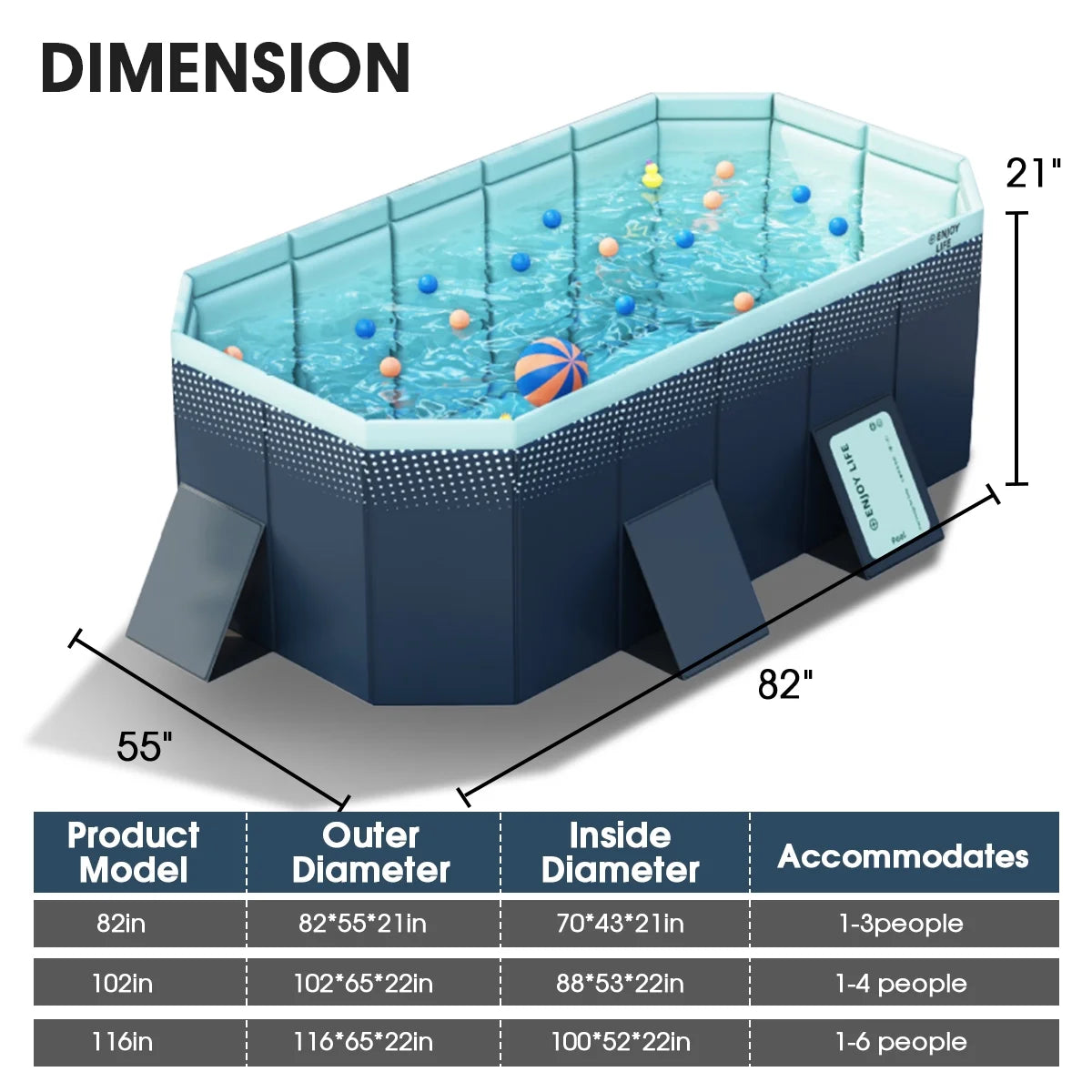 Foldable Swimming Pool, Large Non-Inflatable Outdoor Pools for Kids Adults Above Ground Pools, 116in