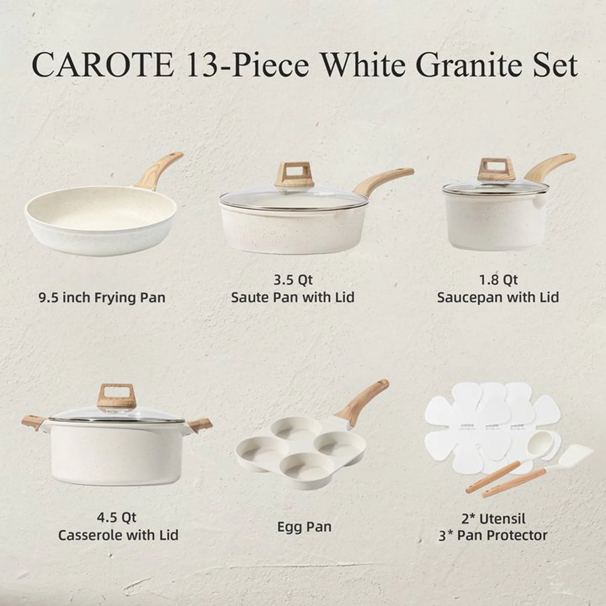 Carote 19 Pcs Nonstick Cookware Sets, Granite Pots and Pans Set Non Stick, White