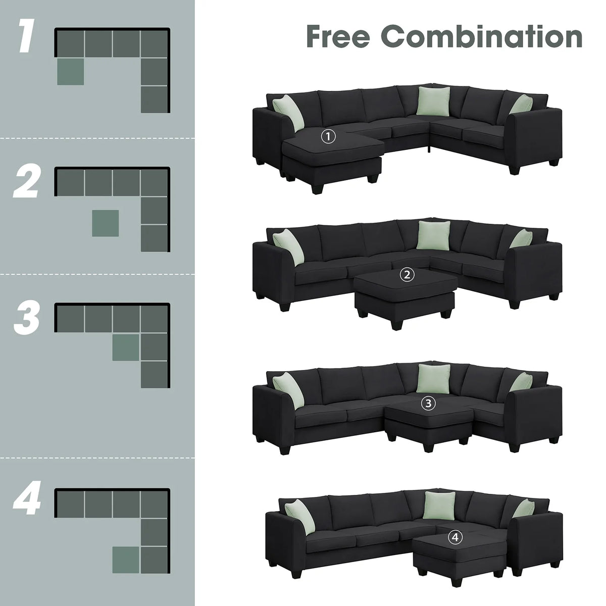 Harper & Bright Designs Modular Sectional Sofa with Ottoman Couch L Shape Corner Sofa Sets 7 Seats Fabric Couch for Living Room, Black, 112 * 87 inch