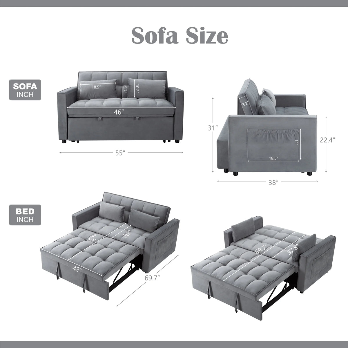 Gewnee 55'' Modern Convertible Velvet Sofa Bed with Pull-Out Twin Bed, Adjustable Backrest for Living Room, Office (Dark Gray)