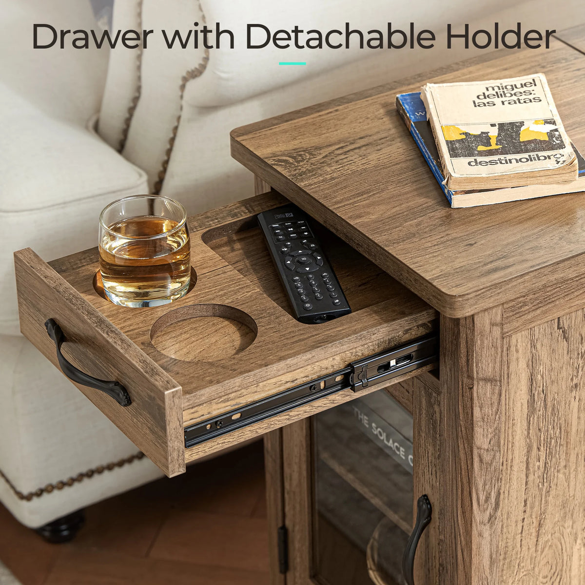 LINSY HOME End Tables for Living Room with Charging Station, Nightstand for Bedroom with Drawer and Detachable Holder,Washed Grey & Brown