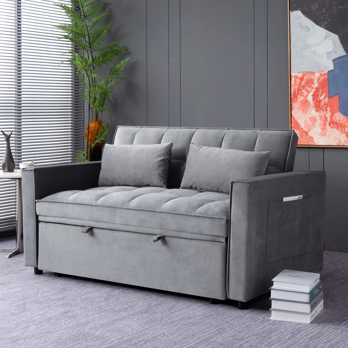 Gewnee 55'' Modern Convertible Velvet Sofa Bed with Pull-Out Twin Bed, Adjustable Backrest for Living Room, Office (Dark Gray)