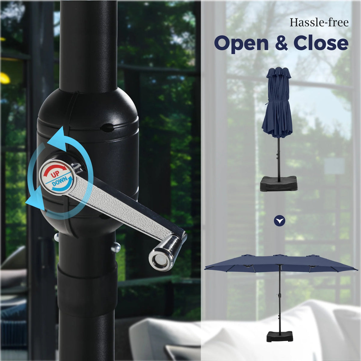Alpha Joy 15ft Outdoor Patio Umbrella Extra-Large Double-Sided Garden Umbrella with Crank Handle and Base - Smoky Gray