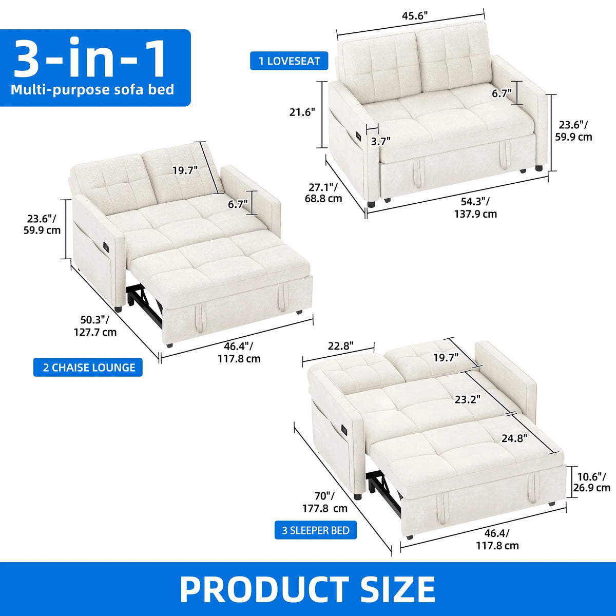 Dextrus  3-in-1 Convertible Futon Sofa Bed, Modern Sleeper Sofa with Pull-Out Bed for Small Place, Beige