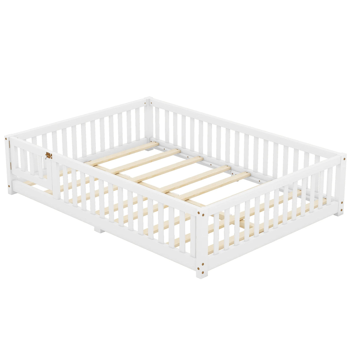 Bellemave Full Size Floor Bed with Door and Fence Floor Bed with Bed Slats Sturdy Wood Floor Bed Montessori Bed Frame (Full, Pink)