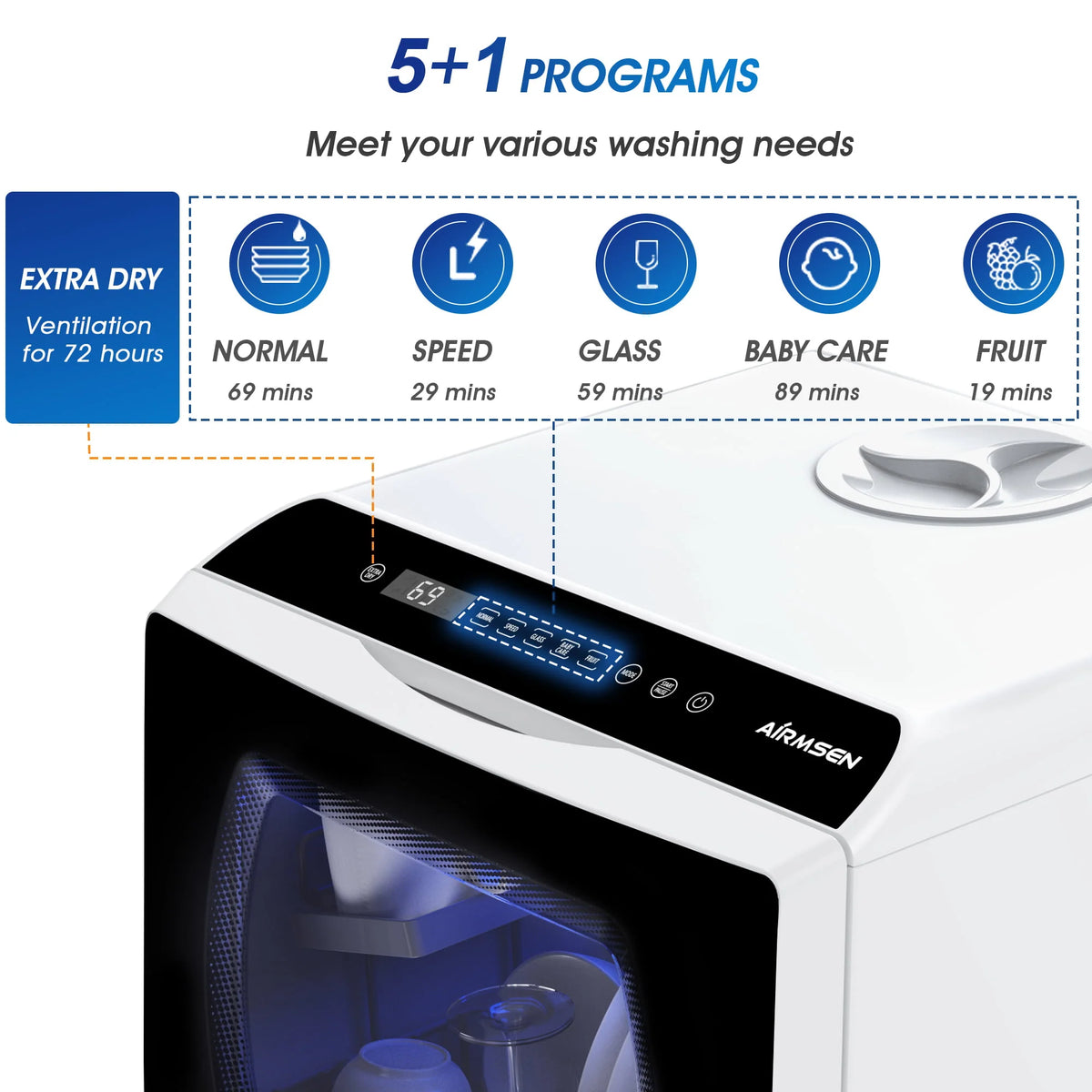 AIRMSEN Portable Countertop Dishwasher with 5-Liter Built-in Water Tank and Air-Dry Function, 5 Washing Programs, AE-TDQR03