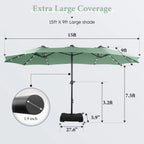 Summit Living 15 FT Double-Sided Solar Patio Umbrella with Base Large Outdoor Umbrella with LED Solar Lights - Haze Blue