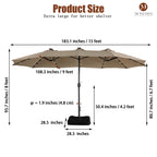 Mondawe 15ft Patio Umbrella Rectangular Outdoor Market Umbrella with Base and LED Lights Beige
