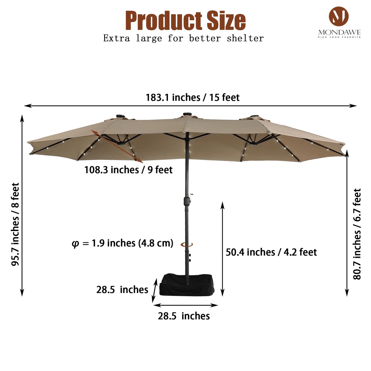 Mondawe 15ft Patio Umbrella Rectangular Outdoor Market Umbrella with Base and LED Lights Beige