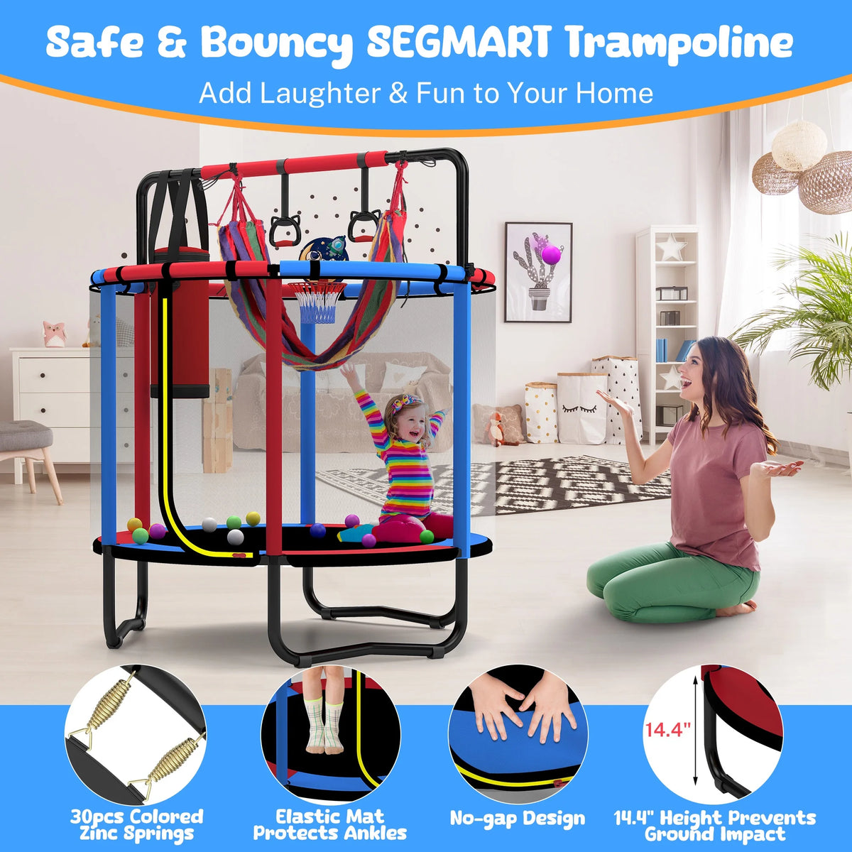 Mini Round Trampoline for Kids with Basketball Hoop, SEGMART 55'' Indoor Outdoor Toddler Trampoline with Enclosure Net, Swing, Sandbag, Ring, Ocean Balls, Small Trampoline Gift for Boys Girls, Blue