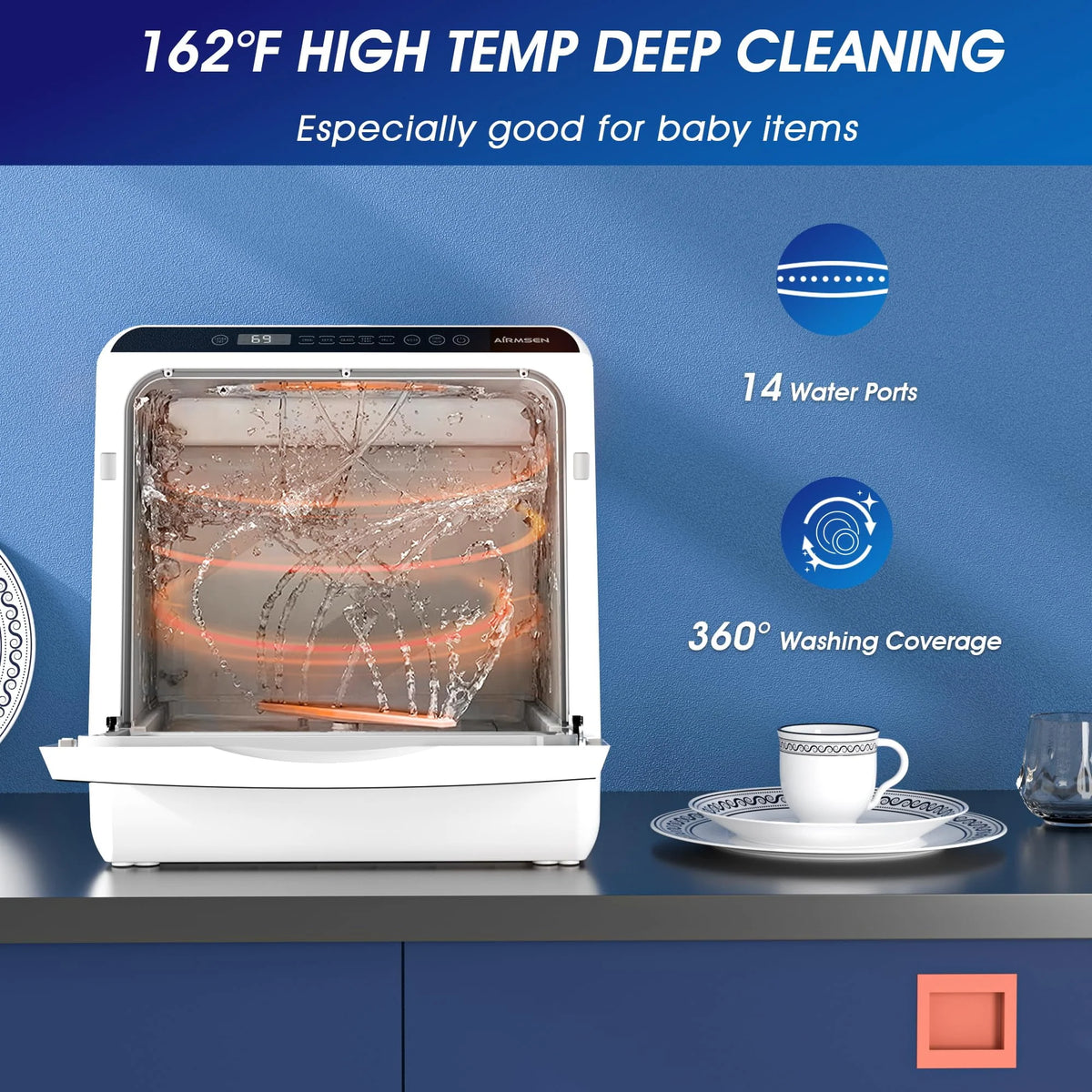 AIRMSEN Portable Countertop Dishwasher with 5-Liter Built-in Water Tank and Air-Dry Function, 5 Washing Programs, AE-TDQR03