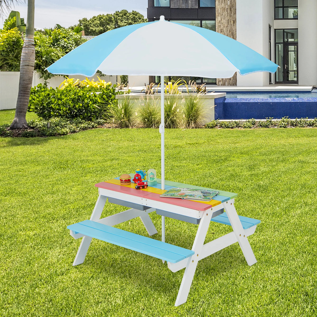 Costway 3-in-1 Kids Picnic Table Wooden Outdoor Sand & Water Table with Umbrella Play Boxes Green