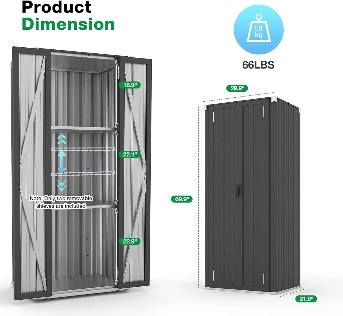 AECOJOY Outdoor Storage Cabinet for Garden & Patio, a Metal Organizer with Doors and Shelves in Gray