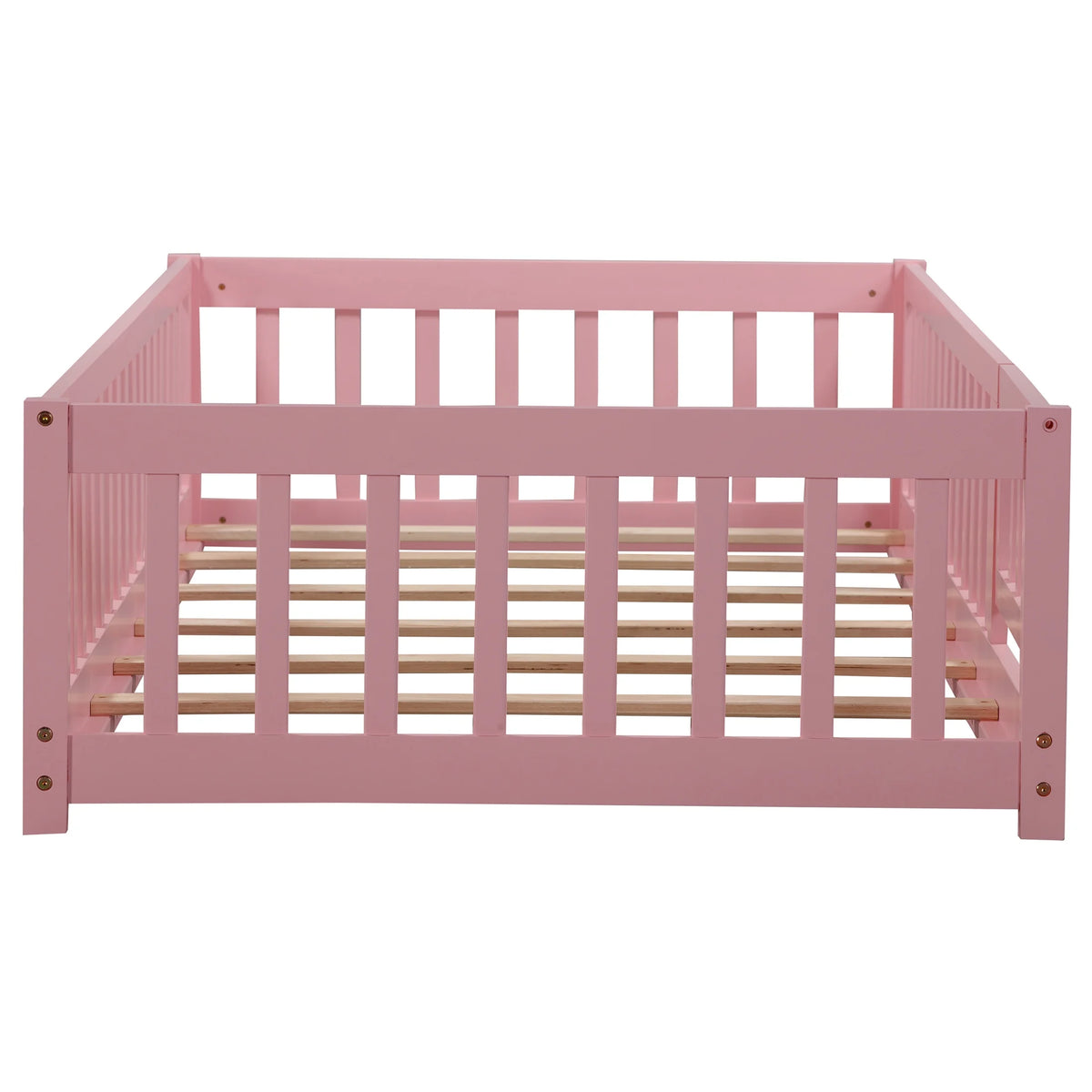 UHOMEPRO Twin Size Floor Bed with Door and Fence, Montessori Floor Bed with Slats and Safety Guardrails, Solid Wood Twin Bed Frame for Bedroom, White