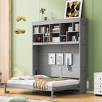 Queen Size Murphy Bed Wall Bed with Top Shelves & USB Charging, Space-Saving Cabinet Bed with Flexible Slats, Gray Modern Foldable Bed