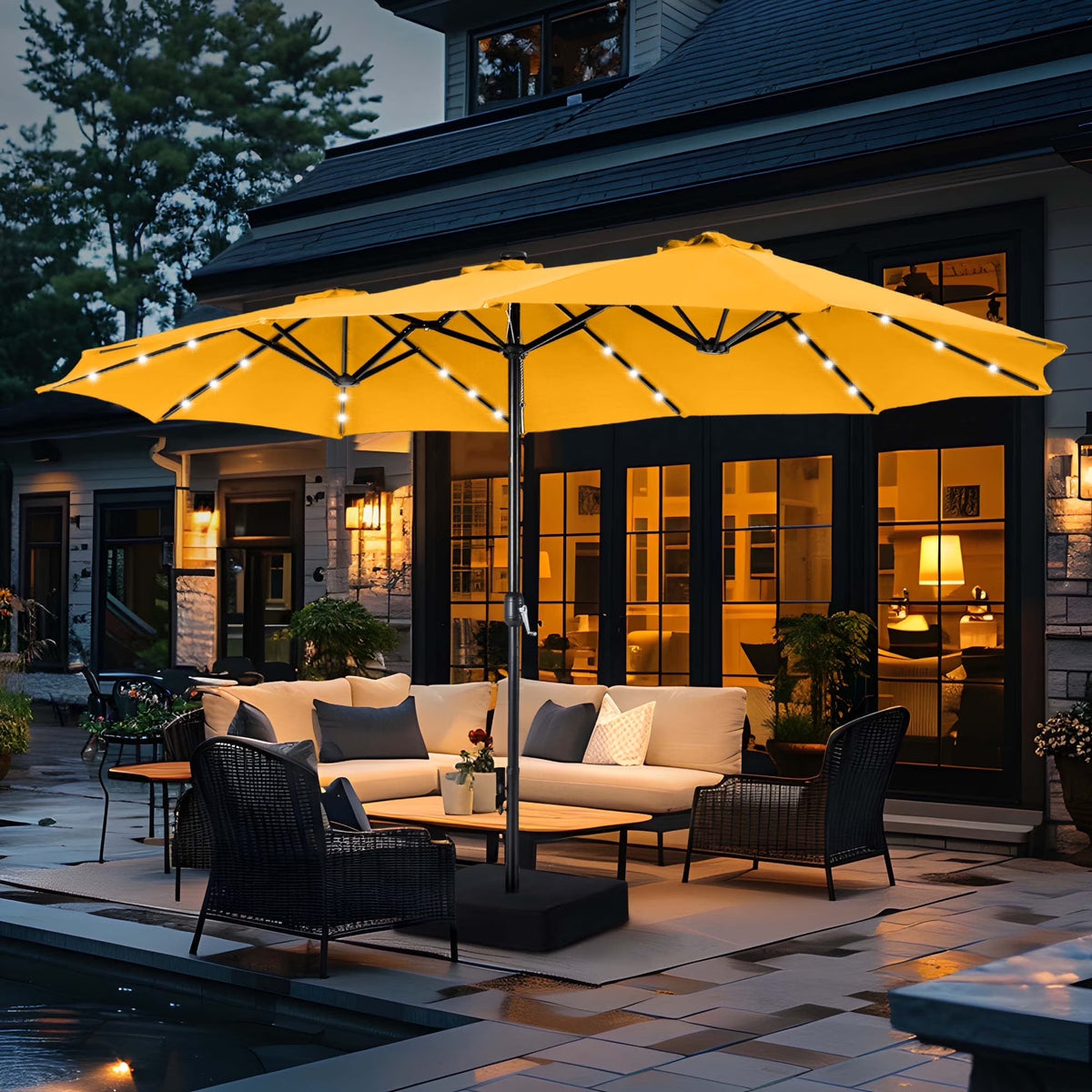 Summit Living 15 FT Double-Sided Solar Patio Umbrella with Base Large Outdoor Umbrella with LED Solar Lights - Haze Blue