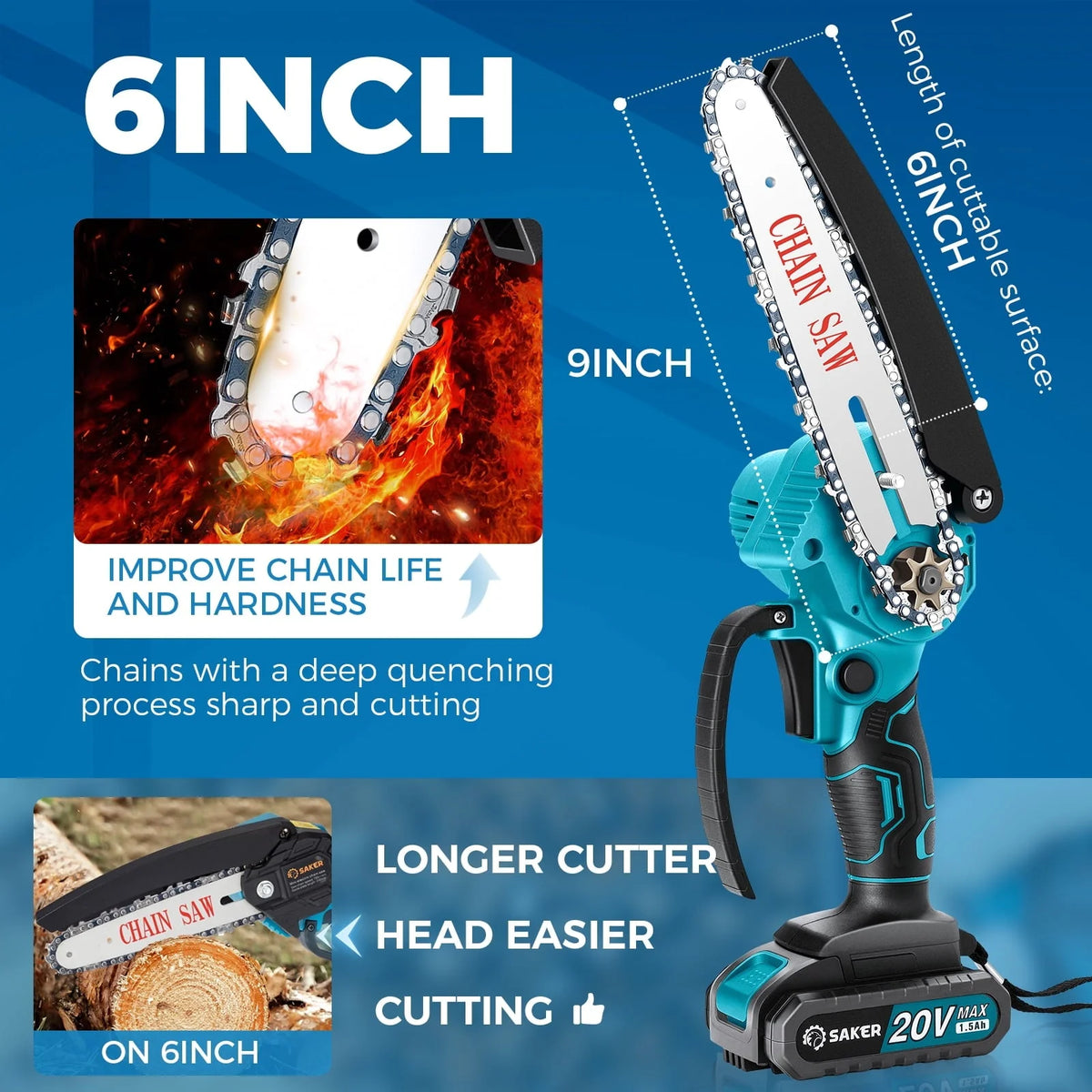 Saker 6 Inch Mini Chainsaw, Handheld Pruning Chainsaw, Electric Cordless Chainsaw for Tree Branches, Courtyard, Household & Garden, With 2PCS 20V 1500mAh Batteries & 3 PCS Chains