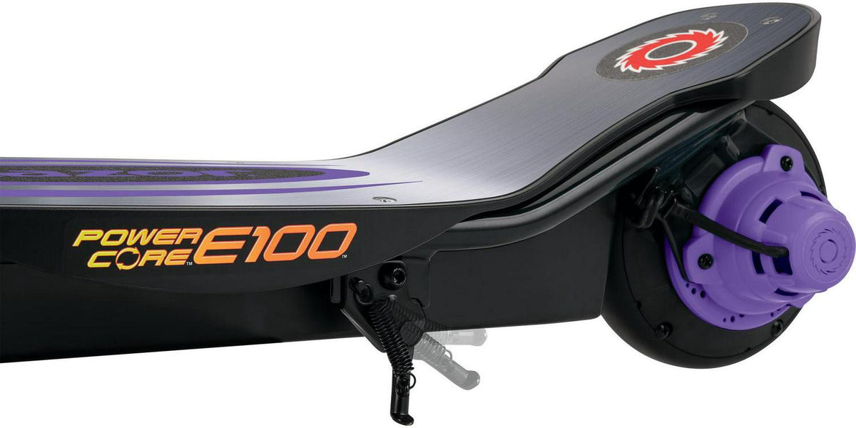 Razor Power Core E100 Aluminum Deck Electric Scooter. Age 8+. 11 Mph. 60-Min Run. Purple