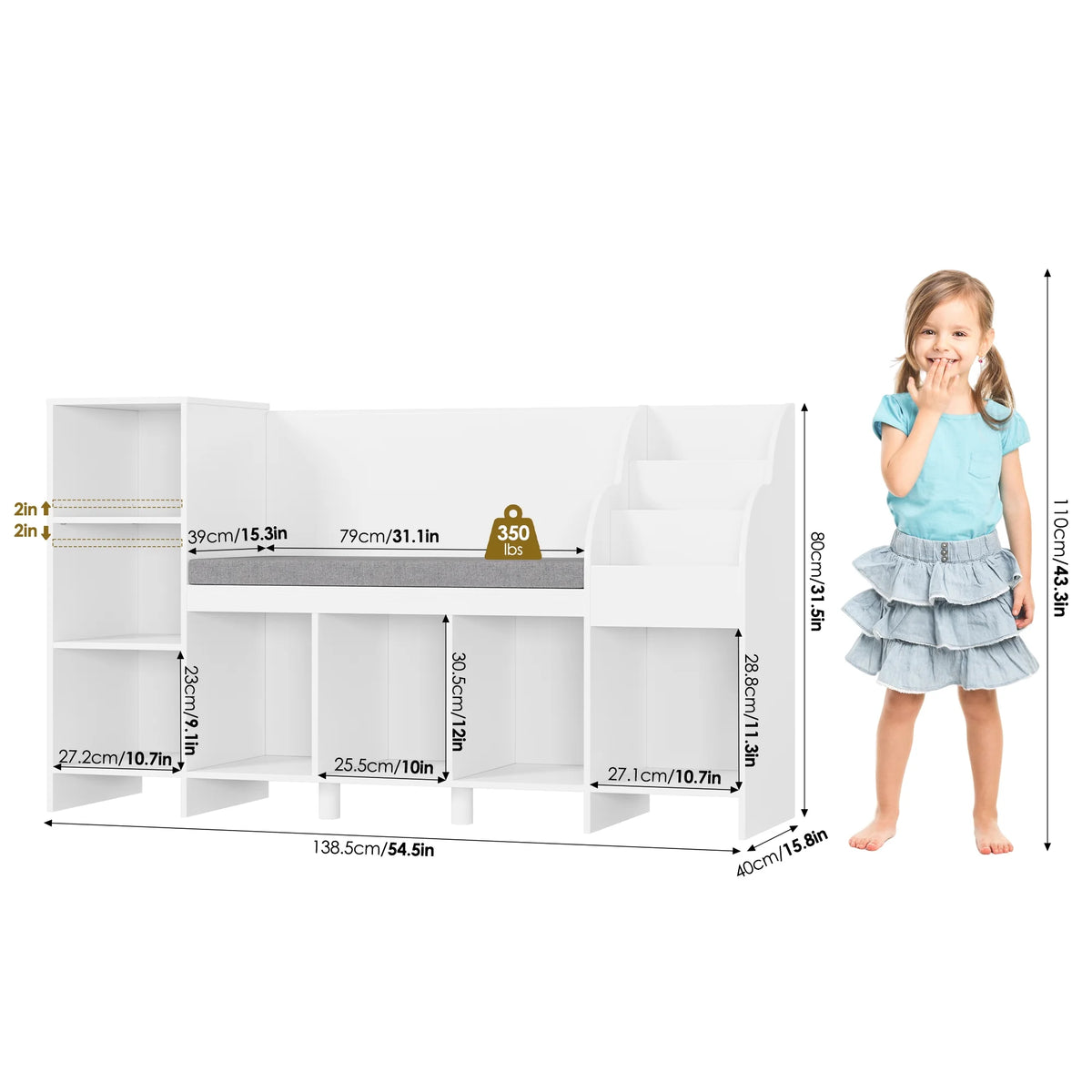 Homfa Kids Bookcase with Reading Nook, Wooden Kids Bookshelf and Storage Toy Cube Organization with Adjustable Shelf, 31.5'' H x 54.5'' W, White